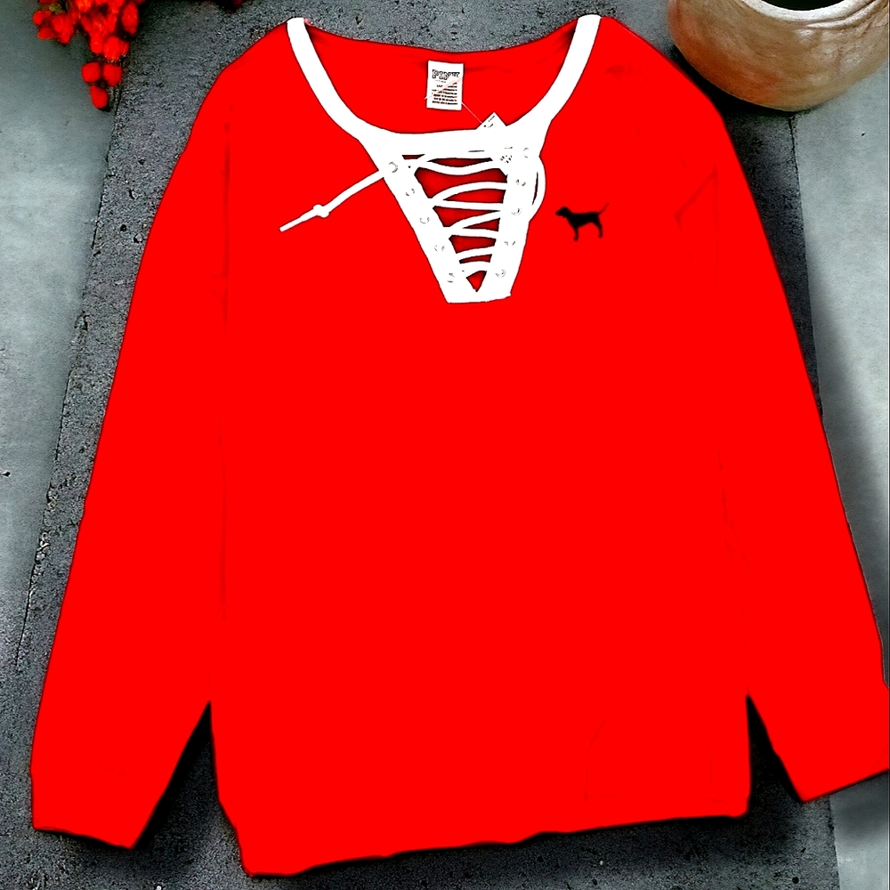 Victoria's Secret PINK (RARE) Red & Black Campus Lace-Up Long Sleeve Tee Large
